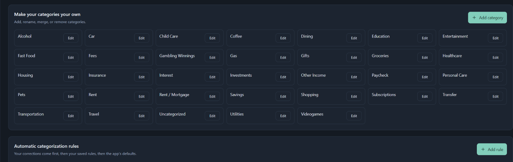 Impendra categories screen focused on editable categories and automatic categorization rules